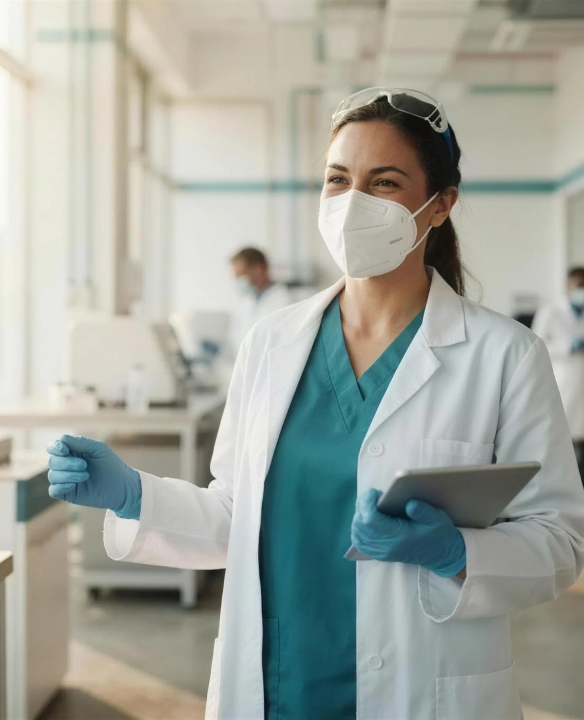 Pracovníčka v ochrannom respirátore v laboratóriu Fishma