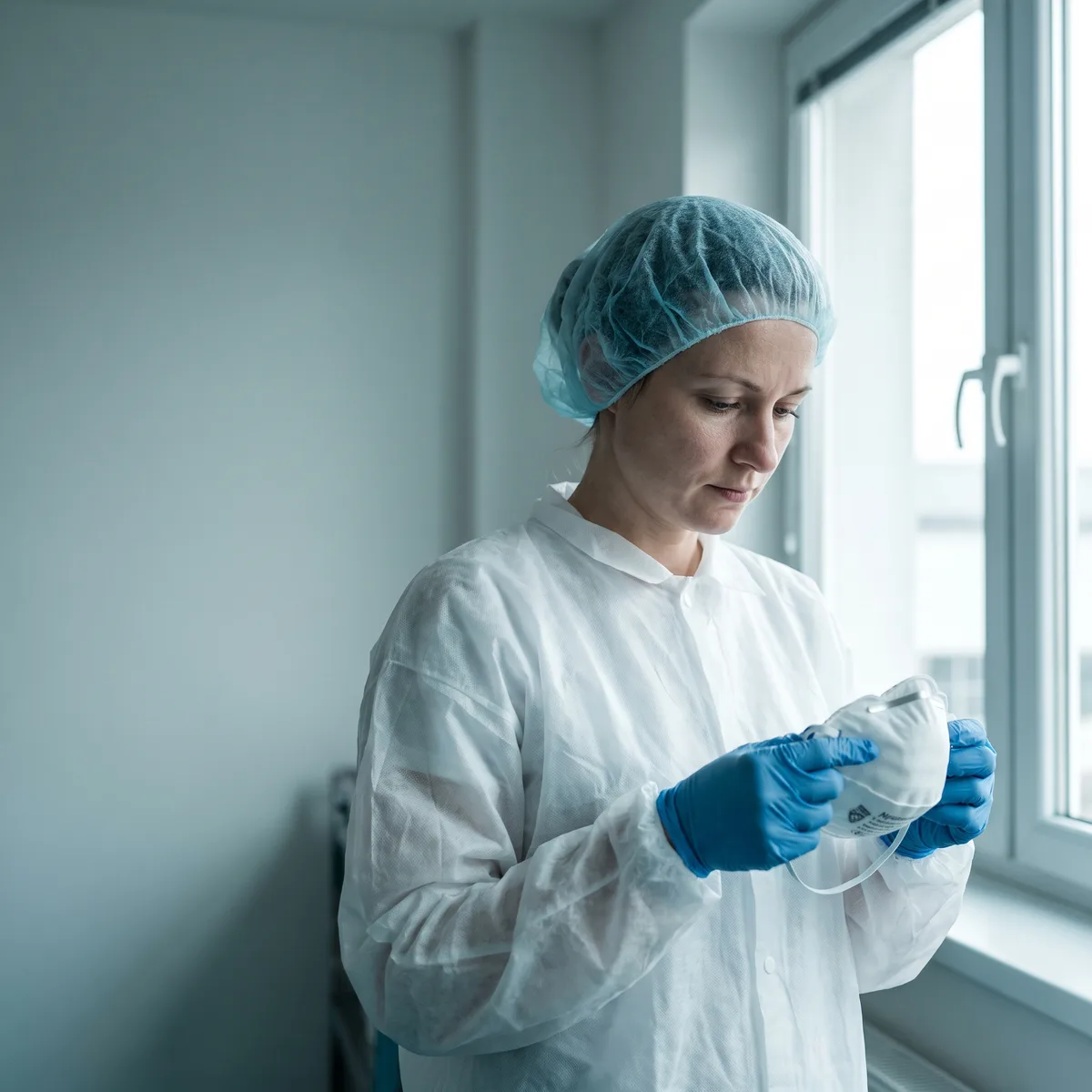 Zdravotnícka pracovníčka v ochrannom odeve s respirátorom